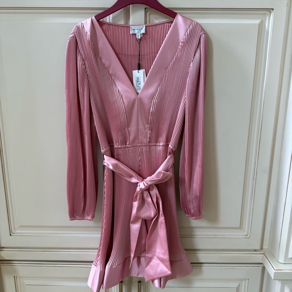 Milly Pleated V-Neck Mini Dress